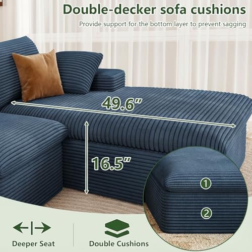 Image of 107 inch Cloud Couch Modular Sectional Sofa for Living Room, L-Shape Boneless Couch with Deep Seat, Modern Corduroy 3-Seater, No Assembly Required (Blue,Right-Facing Chaise)
