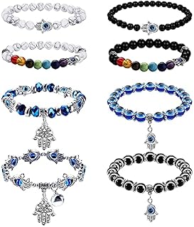 ADRAMATA 8 Pcs Evil Eye Beaded Bracelet for Women Men 7 Chakras Hamsa Blue Charm Stretch Bracelet Turkey Bracelets Hand of Fatima Amulet Jewelry for Protection and Blessing
