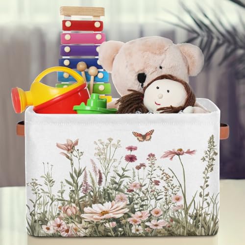 Image of Spring Wildflowers Storage Baskets for Organizing, Fabric Collapsible Storage Bins Box Plants Floral Decorative Toy Organizer Baskets for Closet Shelves Gift Basket 2Pcs