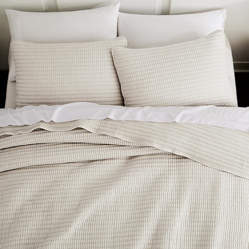 WDCOZY Beige Pick Stitch King Size Quilt Set, Striped...