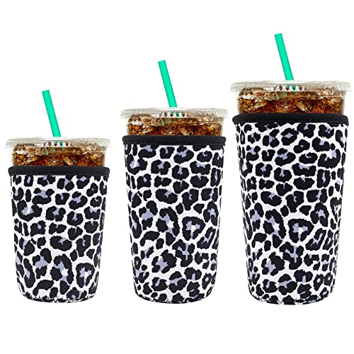 Image of YR Reusable Neoprene Insulator Sleeve for Iced Coffee Cups, 3 Pack Coffee Coolies sleeves for Iced & Hot Drinks, Cold Beverage Cooler Compatible with Starbucks Coffee and More (Snow Leopard)