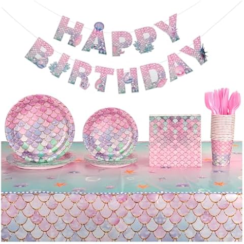 118Pcs Mermaid Birthday Party Supplies Pink Theme Party Decorations Tablewear Set with Plates,Napkins,Fork,Cup,Tablecloth,Banner for Baby Shower Ocean Birthday Party,Serves 16 Gusts Cover