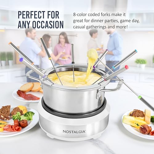 Image of Nostalgia 8-Cup Electric Fondue Pot Set for Cheese & Chocolate - 8 Color-Coded Forks, Temperature Control - Kitchen Gadgets and Appliances for Hors d'Oeuvres and More - White