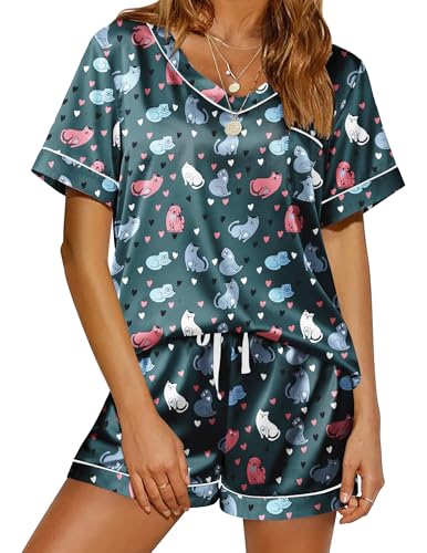 Image of Ekouaer Silk Pajama for Women Short Sleeve Satin Pj Set Two Piece Soft Sleepwear Loungewear S-XXL