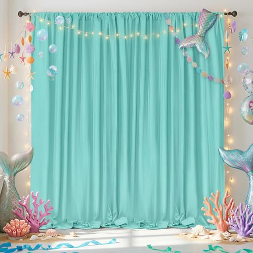 Image of Turquoise Polyester Backdrop Curtains 10ft x 8ft Photography Backdrop Drapes for Birthday Mermaid Party Decorations
