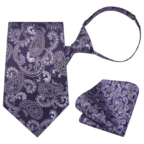 Image of HISDERN Pre Tied Ties for Men Adjustable Mens Tie Classic Paisley Stripe Necktie and Pocket Square Set for Wedding Party
