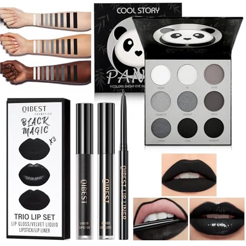 4 Pièces Lot Maquillage Gothique, Palette D'ombres à Paupières Smoky Noir et Ensemble de Rouges à Lèvres Noir Mat avec Crayon à Lèvres et Gloss, Waterproof et Longue Tenue pour Hallowee