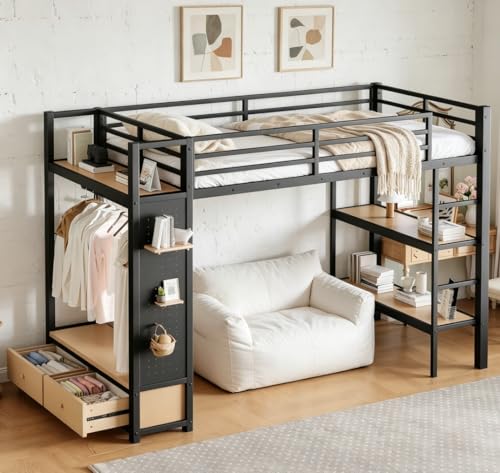 Image of Bellemave Twin XL Size loft Bed with Wardrobe and Storage Shelves and Pegboard Drawers, Metal Twin XL Loft Bed Frame for Adults, Kids, Teens, Black