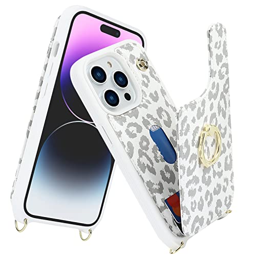 Image of for iPhone 14 Pro Case with Card Holder for Women,Phone Case with Strap,Crossbody Lanyard,RFID Blocking,Ring Stand,Snap Clasp,Cute Wallet Case 6.1 inch(White Leopard)