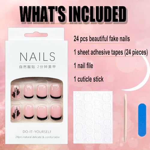 Press on Nails Short Square Black Flower Design - Glossy Finish