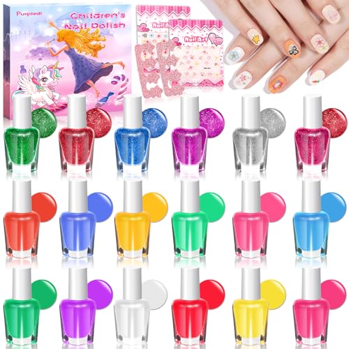 Purpledi Set 18 Pintauñas Niñas, Set Manicura Niñas, Kit de Esmalte de Uñas a Base de Agua de 18 Colores con Pegatina, No Tóxico, Esmalte Uñas Infantil al Agua, Regalo para Niñas 3 4 5 6 7
