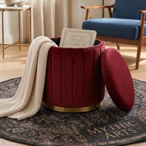 Image of Superior Round Storage Ottoman Stool 16 X 16X 19 inch, with Gold Metal Base | Elegant Pouffe with Secret Storage | Cushioned Footrest for Living Room, Bedroom, and Lounge Maroon