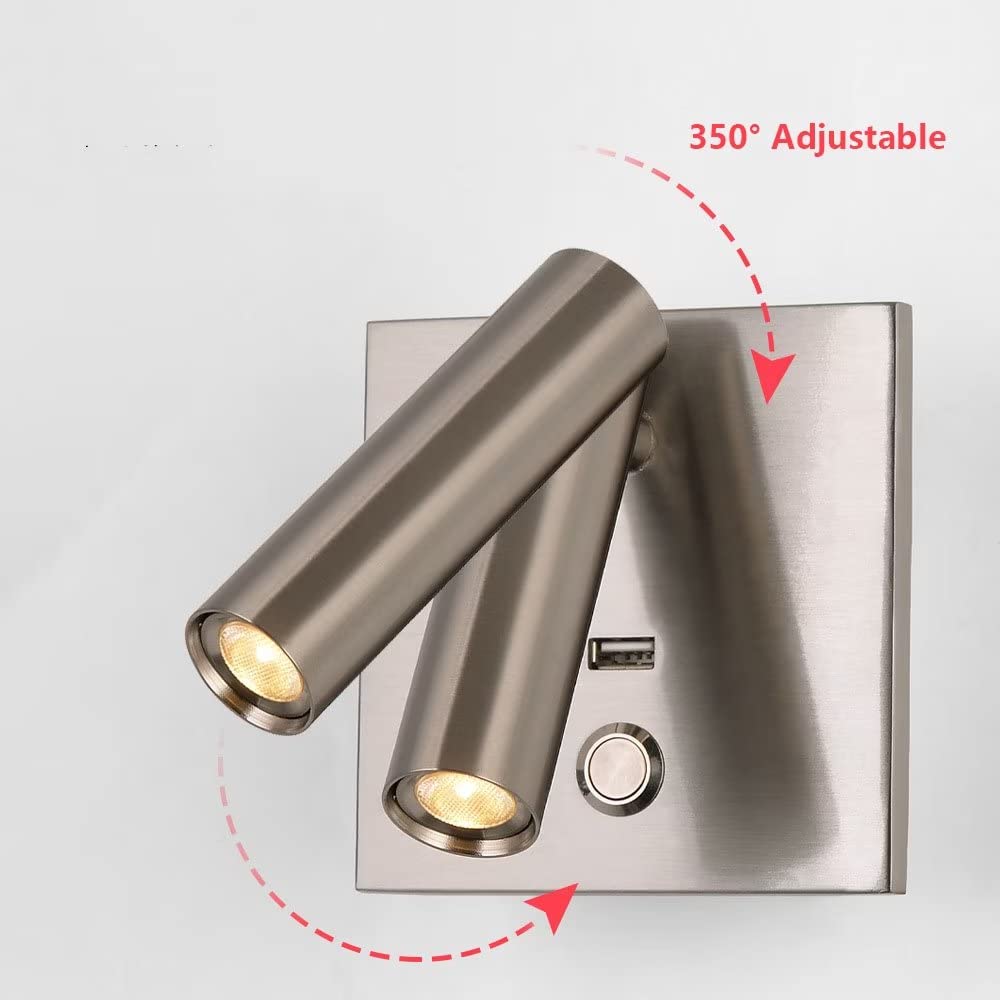 Lámpara de lectura de pared, luz de lectura para leer en la cama, aplique de pared LED de 3 W con interruptor y puerto de carga USB, luz cálida de 3000 K para leer, estudiar, junto a la cama, luces d