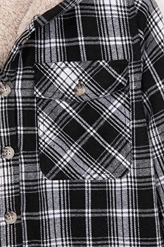 Image of ZENTHACE Boys Sherpa Fleece Lined Flannel Plaid Button Down Shirt Jacket,Hooded Flannel Shirt with Hand Pockets