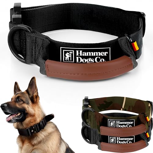 Hammer Dogs Heavy Control – Collar táctico para Perro Mediano y Grande, Ajustable de Nailon Resistente con asa de Agarre en Cuero y Hebilla metálica de Alta Resistencia (M, Negro) (Negro, XL)