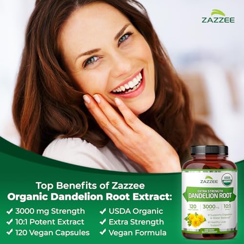 Image of Zazzee USDA Organic Dandelion Root 10:1 Extract, 120 Capsules, 4 Month Supply, Liver & Detox Support, Taraxacum Officinale, Organic Herbal Supplement, All-Natural, Non-GMO, Made in the USA (Pack of 2)