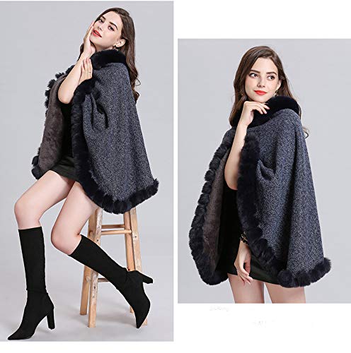 LVCOMEFF Women Woolen Knitting Poncho Wrap Shawl with Fur Lined with Faux Rabbit Fur Trimming3