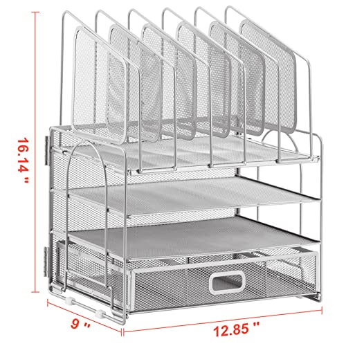 Image of Marbrasse Desk Organizers, 4-Tier Mesh Desk File Organizer with 5 Vertical File Holders and 2 Pen Holders, Multifunction Desktop Organizer,Desk Organizers and Accessories for Home Office (Silver)