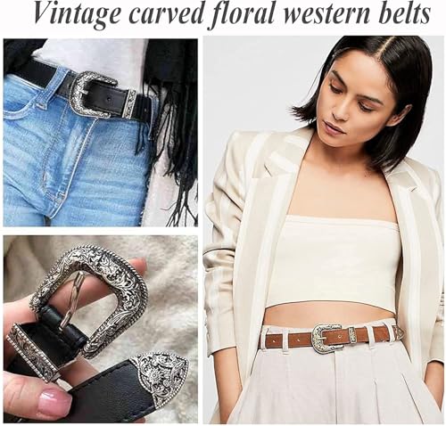 Image of Western-Leather-Belts-Women Vintage Waist-Belts with Hollow Out Flower