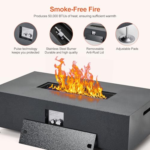 48" Outdoor Fire Table, 48 inch Rectangle Propane Gas Fire Pit Table, 50,000 BTU Modern Firepit with 16 inch Tank Cover Side Table, Wind Guard, Fire Glass, Rain Cover