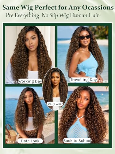 Image of KLAIYI Bye Bye Slip Ombre Highlight Balayage Brown Water Wave Glueless Precut 7x5Lace Front Wigs Human Hair Drawstring Pre Plucked Bleached Knots Dark Roots Curly 3S Ready to Wear and Go Wig 20Inch