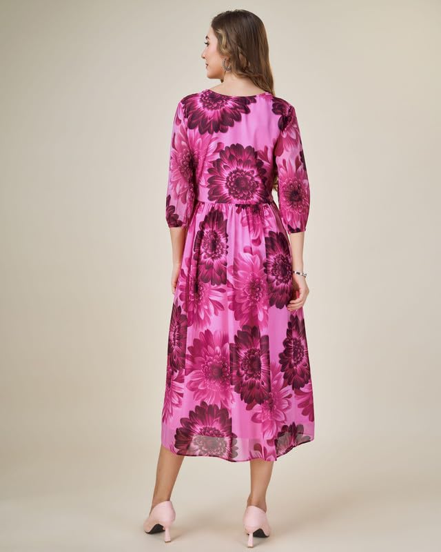 Image of MOJILAA Women's Georgette Floral Printed Gathered Dress