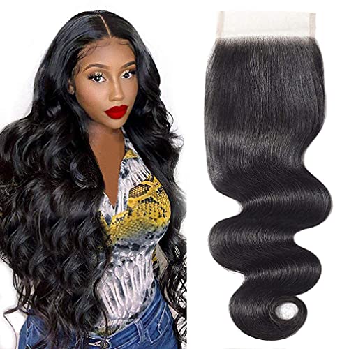 12A Body Wave Brazilian Virgin Human Hair with 4x4 Lace Closure Natural Black Brazilian Body Wave Human Hair Swiss Lace Closure (16 inch, 4x4 Lace Closure 1 piece)