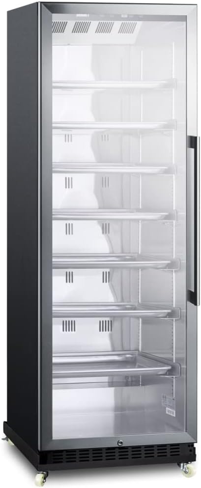Summit Appliance SCR1401LHRI Full-Size Commercial Beverage Merchandiser with Self-closing Glass Door, Left Hand Door Swing, Sheet Pans and Adjustable Tray Supports, Black Cabinet and Removable Dolly