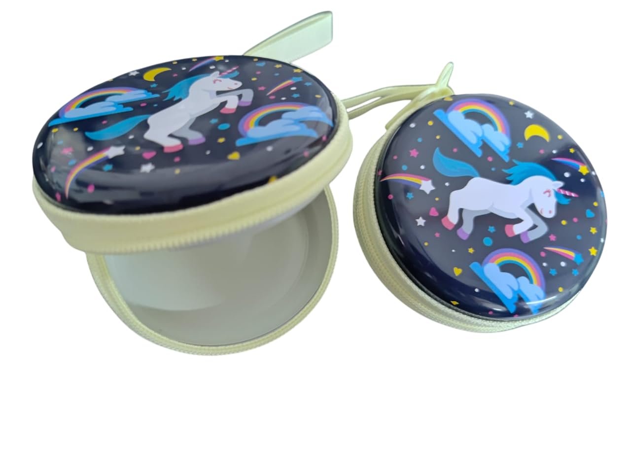 Unicorn Style Coin Metal Pouch – Round Shaped Multi-Purpose Case for Kids – Zipper Storage Tin for Coins, Earphones, Jewelry – Pack of 2 – Multicolor Random Prints