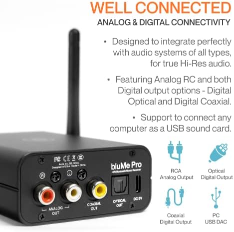 Auris BluMe Pro HiFi Bluetooth 5.0 Music Receiver Long Range Bluetooth Adapter with Audiophile DAC, LDAC, aptX HD, OLED Display & Optical Coaxial AUX Output for Home Stereo, AV Receiver or Amplifier