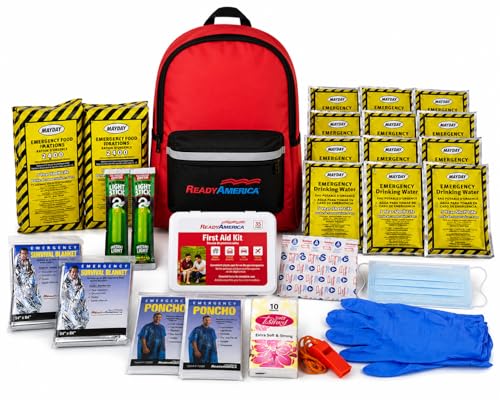 Ready America 70280 72 Hour Emergency Kit, 2-Person, 3-Day Backpack, Includes First Aid Kit, Survival Blanket, Portable Preparedness Go-Bag for Camping, Car, Earthquake, Travel, Hiking, and Hunting, Red