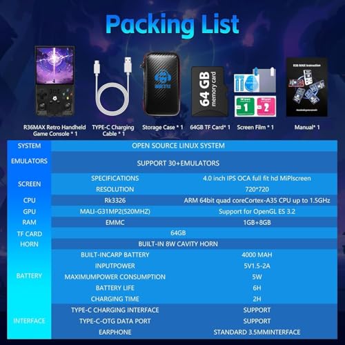 Image of R36MAX Handheld Game Console, Retro Gaming Console with 4000mAh Battery 4.0 inchIPS Screen, Open Source Linux System, with 64GB TF Card Portable Video Gaming Console, Charcoal Black