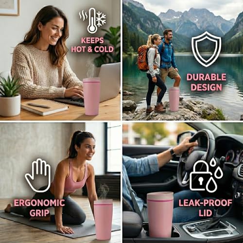 Image of EasySip Slider Insulated Stainless Steel Coffee Tumbler, Reusable Hot & Iced Coffee Travel Mug, Leak-Proof BPA-Free Cup (Pink, 20 oz)