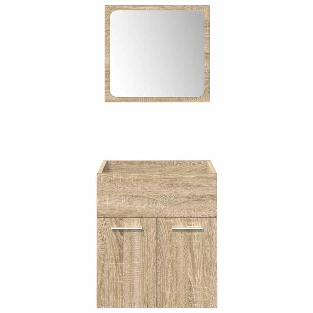 Set Mobili da Bagno 5 Pezzi Rovere Sonoma Legno Multistrato | Lavabo in ceramica bianco, specchio in vetro, montaggio a parete, ampio spazio portaoggetti