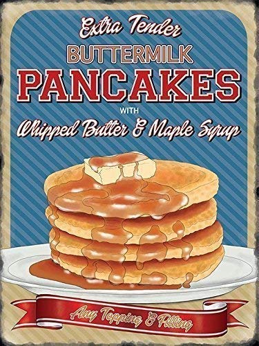 Suero de mantequilla Pancakes con whipped butter y arce jarabe. Cualquier topping y relleno. Americano / Canadiense desayuno. Retro vintage viejo diseño Anuncio 50's. Ideal para casa, hogar, bar, Café, cocina, tienda o pub, B&B o hotel. Metal/Cartel De Acero Para Pared - 9 x 6.5 cm (Magnético)