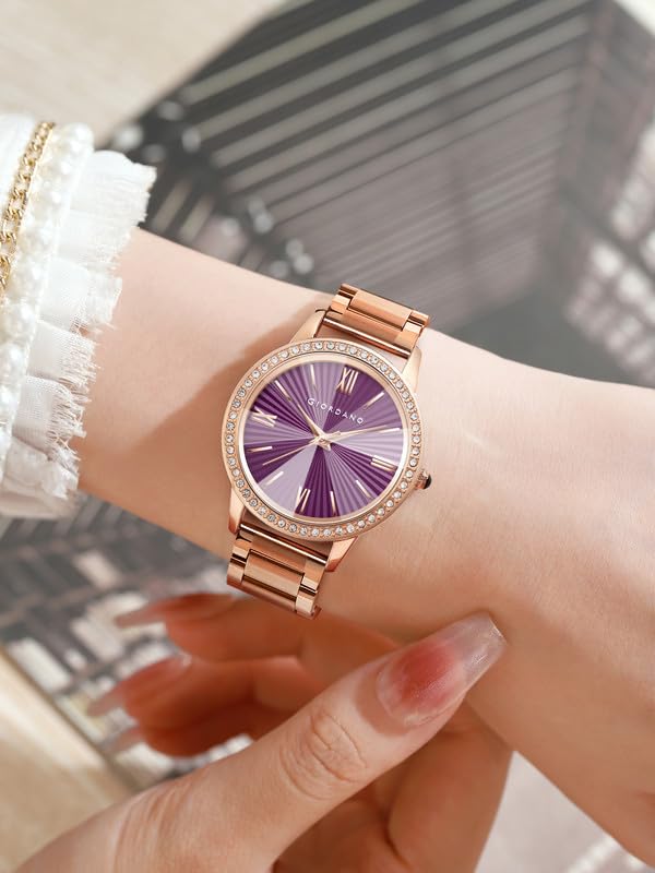 Image of Giordano Analog Watch for Women with Sunray Round Dial, Crystal Studded Bezel, Roman Numerals Markers, Quartz Movement and Rose Gold Stainless Steel Strap - GZ-60118