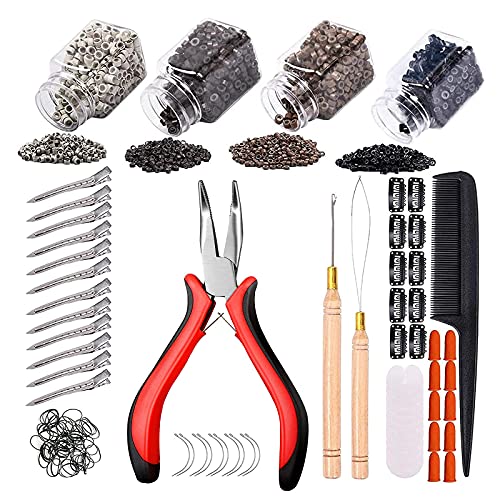 Hair Extension Kit Pliers Pulling Hook Loop Needle Threader Hair Extensions Tools with 4 Color Micro Ring Beads (Black, Dark Brown, Light Brown, Blonde)