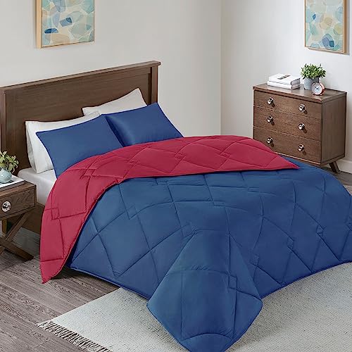 Image of Comfort Spaces Vixie Reversible Comforter Set - Trendy Casual Geometric Quilted Cover, All Season Down Alternative Cozy Bedding, Matching Sham, Red /Navy, Full /Queen 3 piece