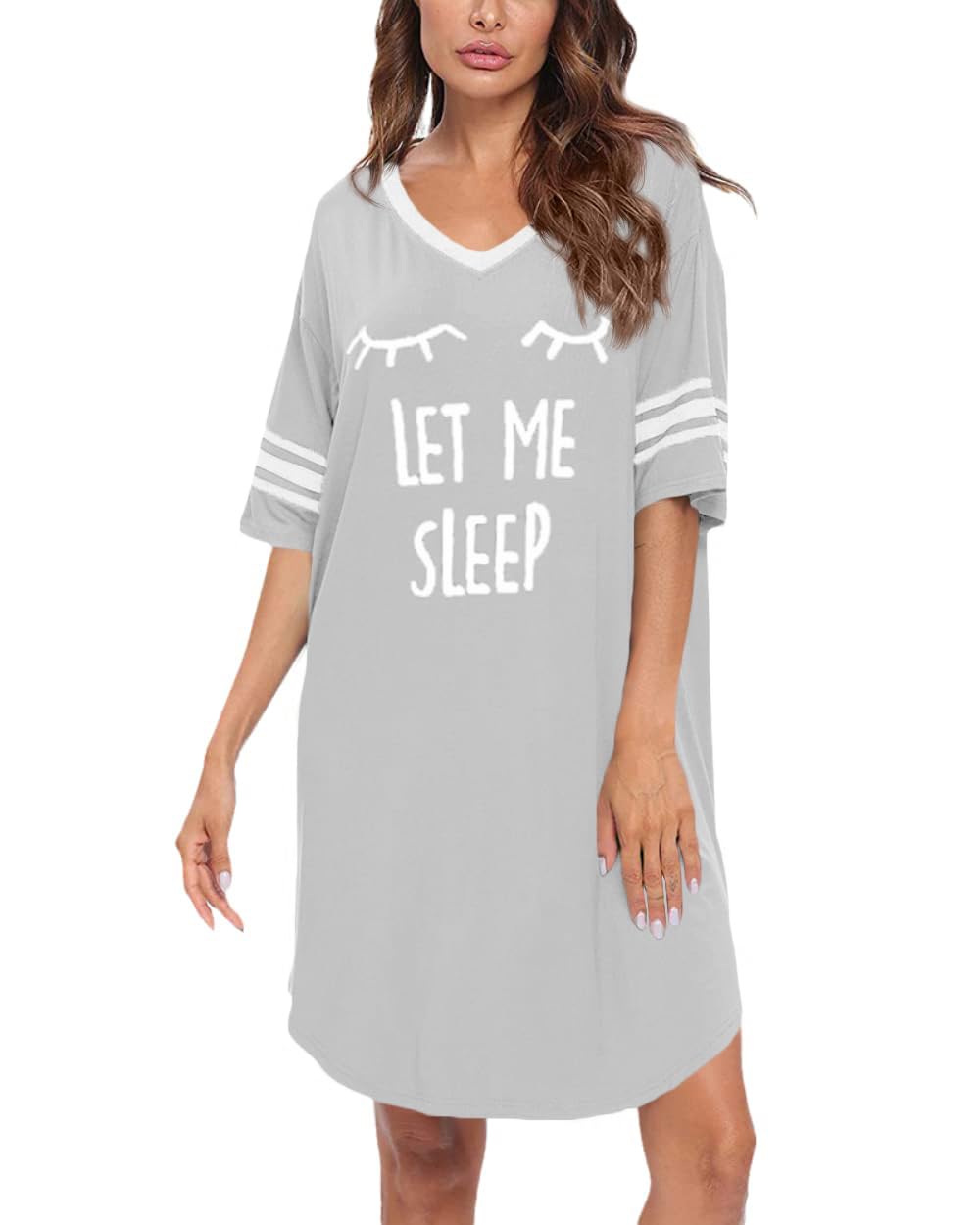 Cicy Bell Camicia da notte da donna con scollo a V, maniche corte, oversize, a righe, con stampa grafica
