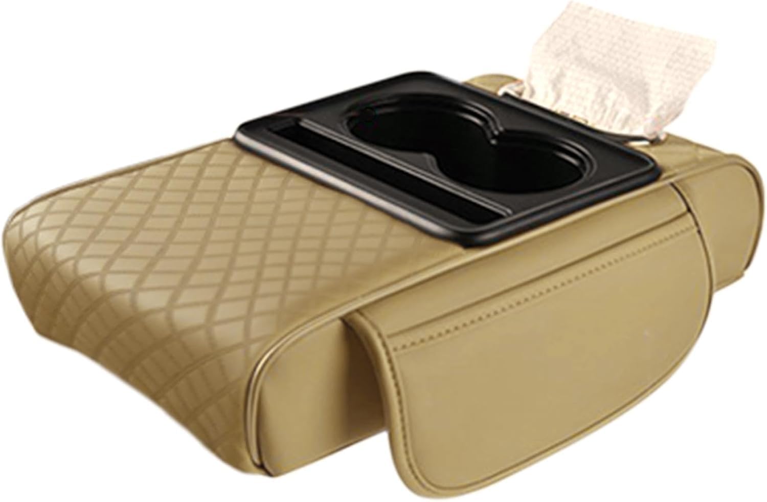 LANAZU Car Armrest Cover Pad for Ford Focus Sedan HM C4 BM DB3 DFW 1999-2022, Center Console Storage Organizer Cushion Pad with Cup Holders Tissue Box Protector Mat,Beige/B