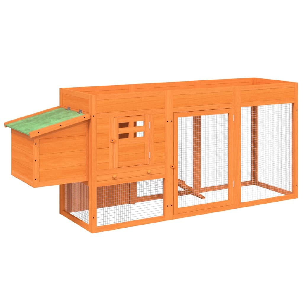 Gallinero de madera maciza de pino, establo para animales pequeños con nido, caño y rampa, gallinero para pollos, conejos y codornices, marrón verde, 204 x 50 x 84 cm
