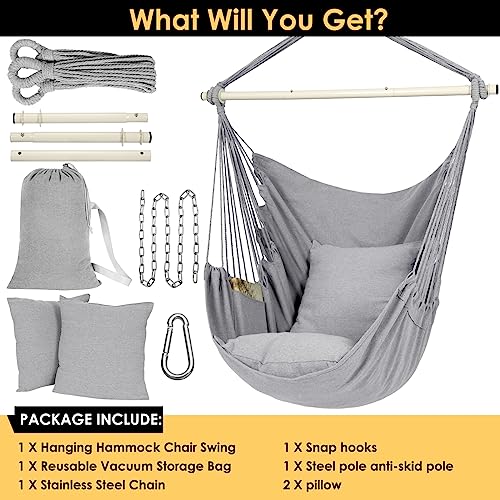 Y- Stop Hammock Chair Hanging Rope Swing Chair, Max 500 Lbs, 2 Seat Cushions Included, Removable Steel Spreader Bar With Anti-Slip Rings, Hardware Kit-For Indoor Or Outdoor(Light Grey) #TOP4