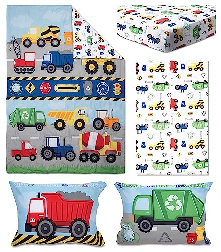 Image of Baby Boom Funhouse Construction Area 4 Piece Toddler Bedding Set, Trucks - Includes Comforter, Sheet Set - Fitted + Top Sheet + Reversible Pillowcase for Boys Bed, Blue