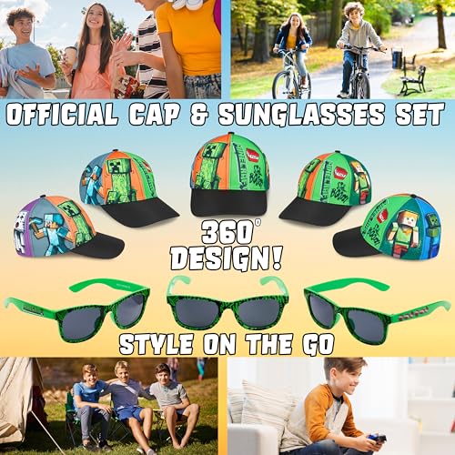 Image of Minecraft Trucker Hat Baseball Cap and Kids Sunglasses Set Adjustable Snapback UV Protection Gamer Gifts