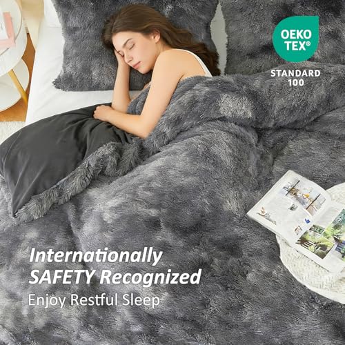 Image of EMME Luxury Fuzzy Duvet Cover Set Twin Size Fluffy Comforter Cover Set for Twin Bed 2 Pieces Shaggy and Plush Soft Bedding Duvet Covers (Dark Grey, Twin)