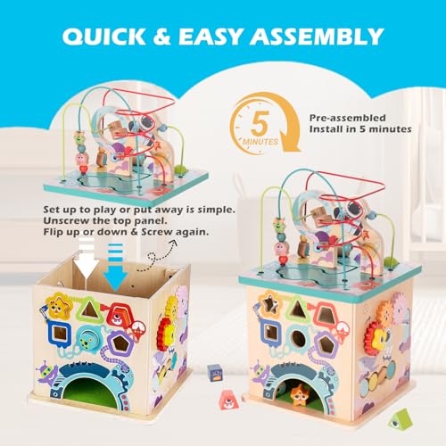 Image of Pre-Assembled 9 in 1 Large Wooden Activity Cube. Educational Learning Toy for Kids with Bead Maze, Shape Sorter and Music Gears and More. for Toddlers 18 M+. Birthday Gifts for Boys and Girls