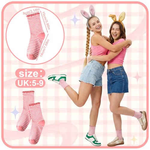 Image of 6 Pairs Women Ruffle Striped Frilly Socks, Cute Checkered Ankle Sock for Women Cotton Knit Casual Crew Socks
