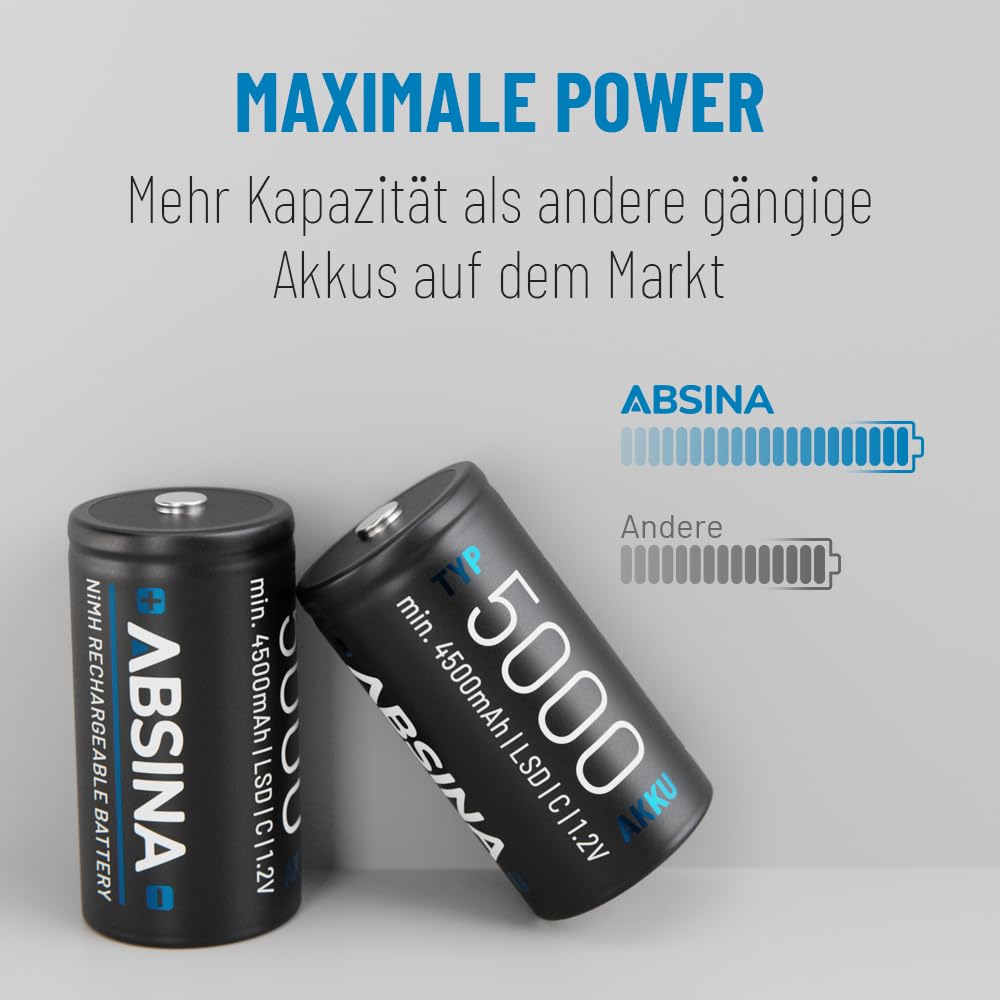 ABSINA 6 x LR 14 baterii C Baby do ponownego ładowania 5000 z niskim samorozładowaniem - akumulator C LR14 NiMH o min. 4500 mAh i 1,2 V - LR14 bateria C