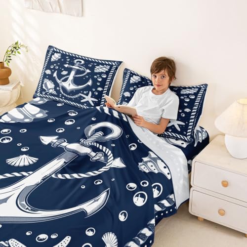 Image of jejeloiu Nautical Theme Bed Sheets Sets Full Size Kids Boys Girls Compass Anchor Decor Bedding Set Ocean Shells Starfish Bed Sheet Set with 16-Inch Deep Pockets 4Pcs with 2 Pillow Cases