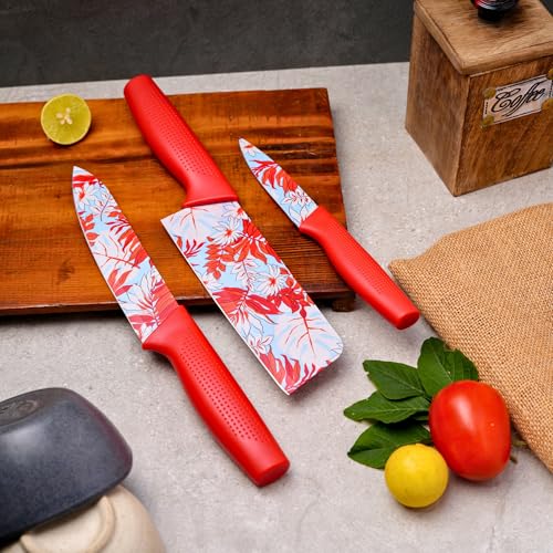 Image of Professional Piece Kitchen Knife Set - High Carbon Stainless Steel Chef, Utility & Santoku Knives with Ergonomic Blue Handles Knife (Red, 3 piece)